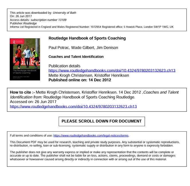 Routledge Handbook of Sports Coaching Coaches and Talent Identification