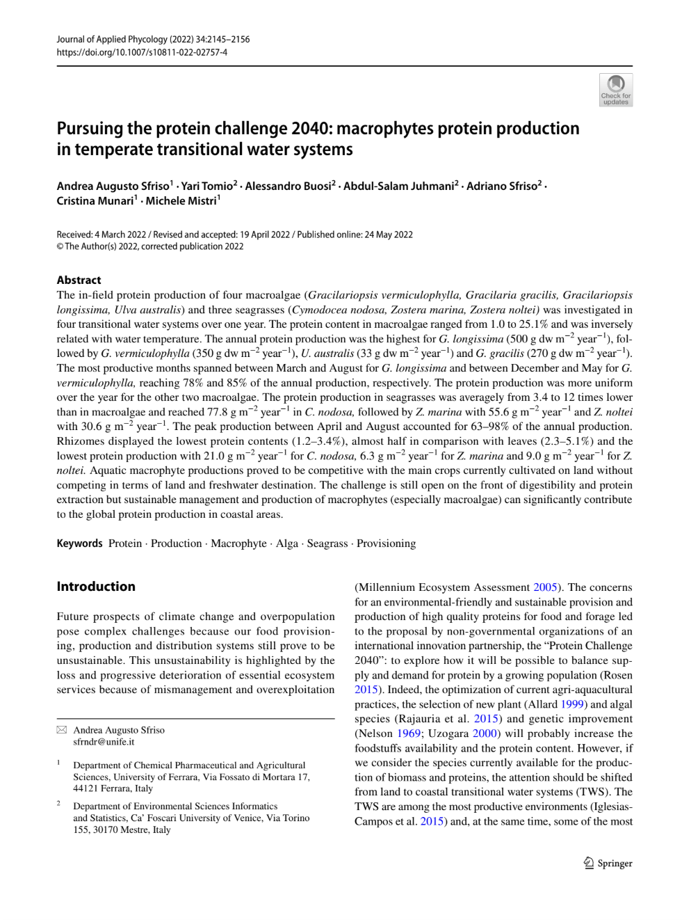 Pursuing the protein challenge 2040: macrophytes protein production in temperate transitional water systems