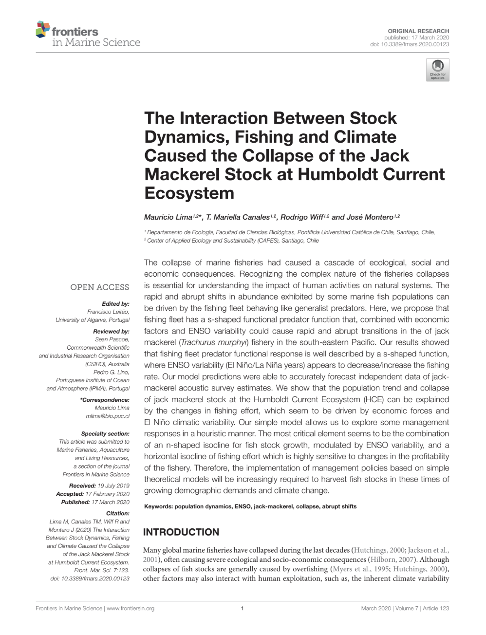 The Interaction Between Stock Dynamics, Fishing and Climate Caused the Collapse of the Jack Mackerel Stock at Humboldt Current Ecosystem