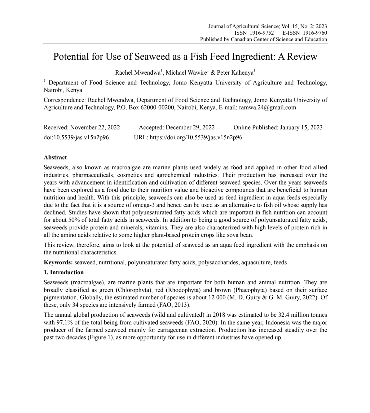 Potential for Use of Seaweed as a Fish Feed Ingredient: A Review