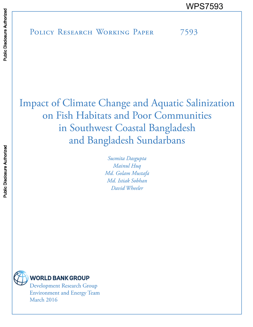 Impact of Climate Change and Aquatic Salinization  on Fish Habitats and Poor Communities in Southwest Coastal Bangladesh and Bangladesh Sundarbans