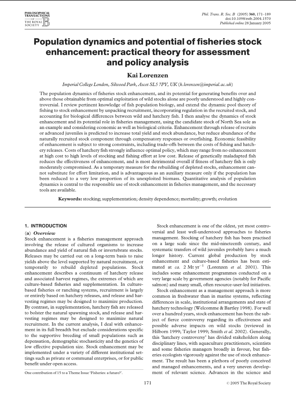 Population dynamics and potential of fisheries stock enhancement: practical theory for assessment  and policy analysis