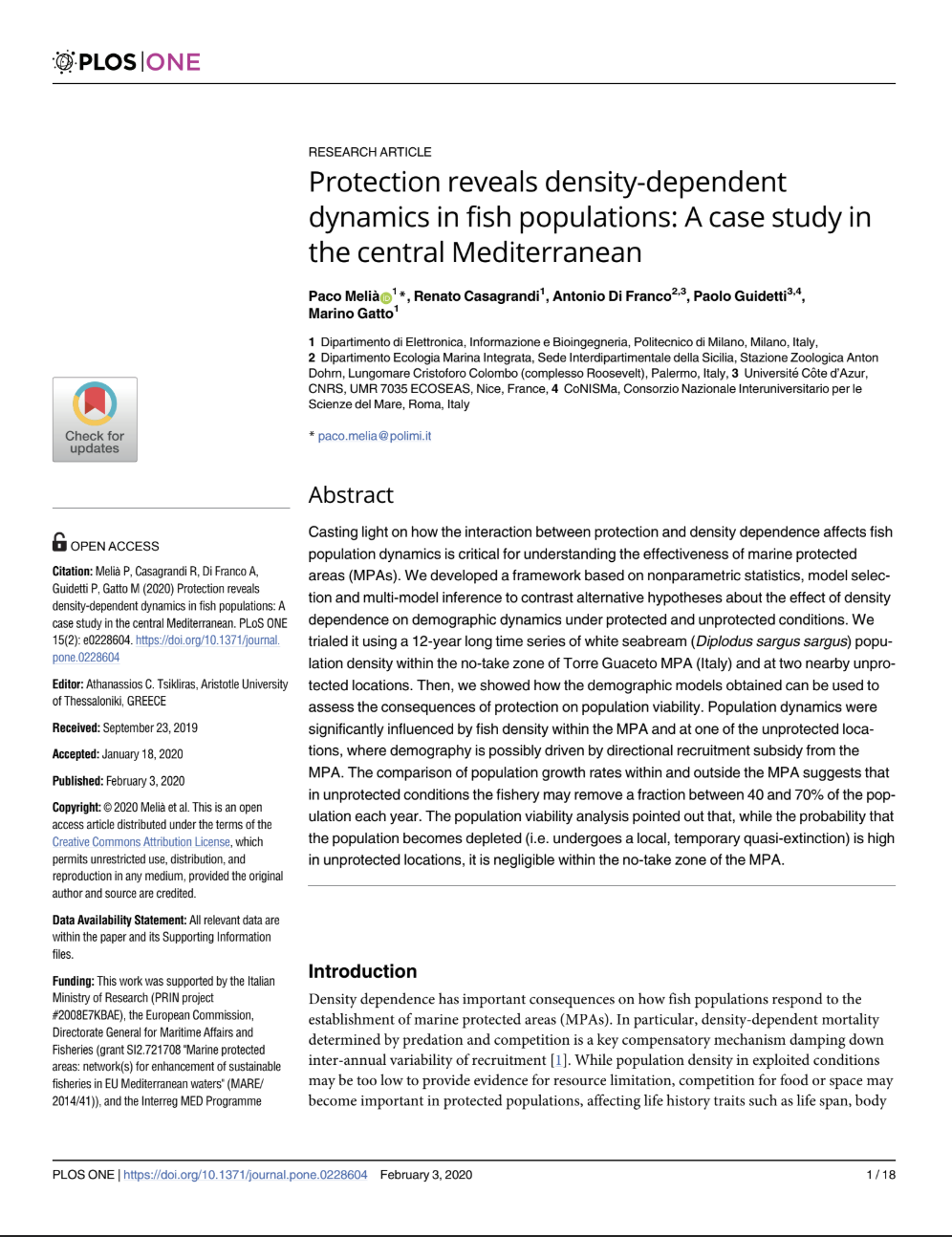 Protection reveals density-dependent dynamics in fish populations: A case study in the central Mediterranean