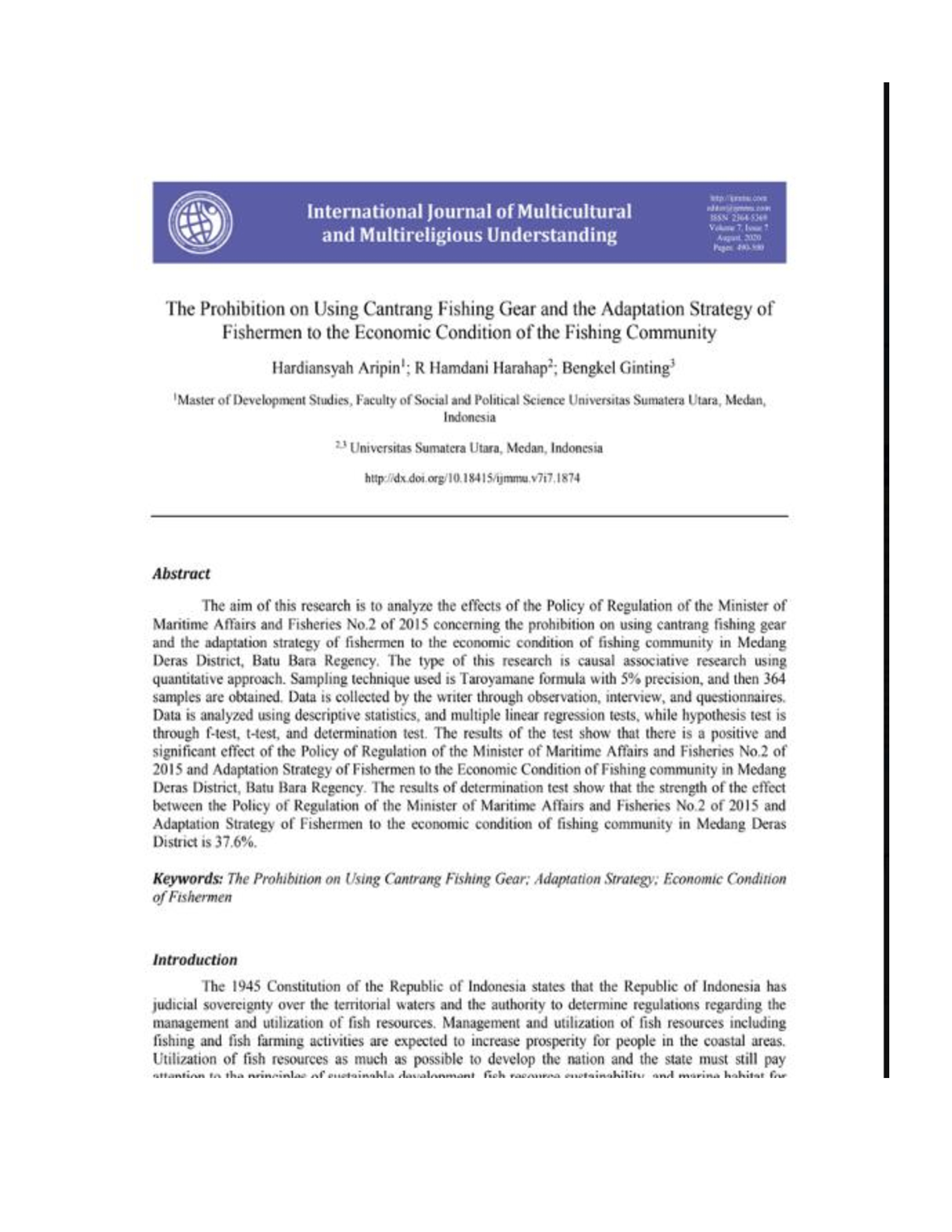 The Prohibition on Using Cantrang Fishing Gear and the Adaptation Strategy of Fishermen to the Economic Condition of the Fishing Community
