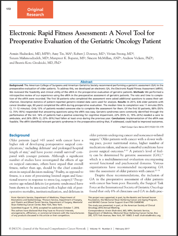 Electronic Rapid Fitness Assessment: A Novel Tool for Preoperative Evaluation of the Geriatric Oncology Patient